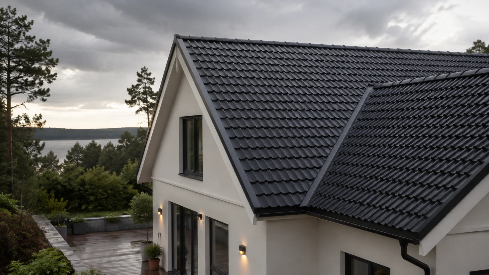 Illustrativ miljöbild av ett välvårdat mörkt tak på en svensk villa